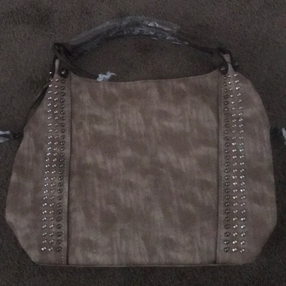 Large taupe shoulder bag with studs